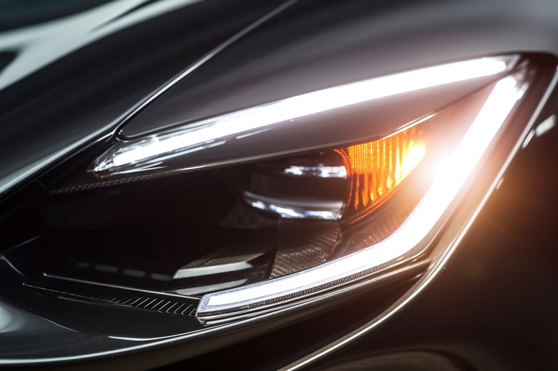 Detail on one of the LED headlights super car, copy space